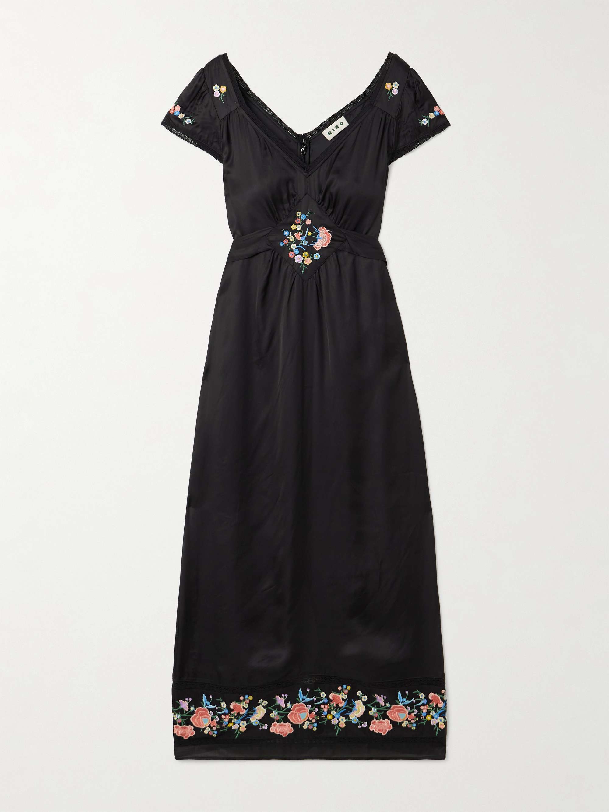 Carey Lace-Trimmed Embroidered Satin Midi Dress