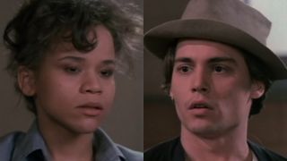 Rosie Perez sits looking dismayed, pictured next to Johnny Depp's concerned face, in 21 Jump Street, S4 E16 "2245."