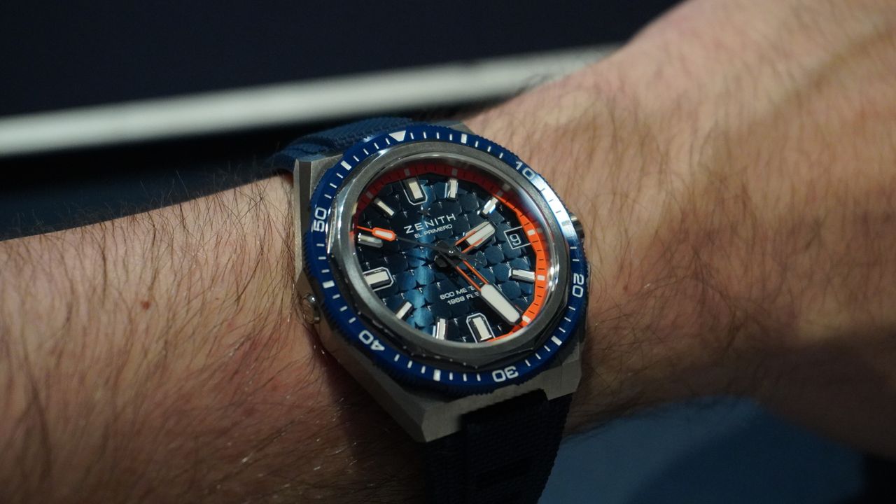 The Zenith Defy Extreme Diver worn on the wrist of T3&#039;s Sam Cross at Watches and Wonders 2024