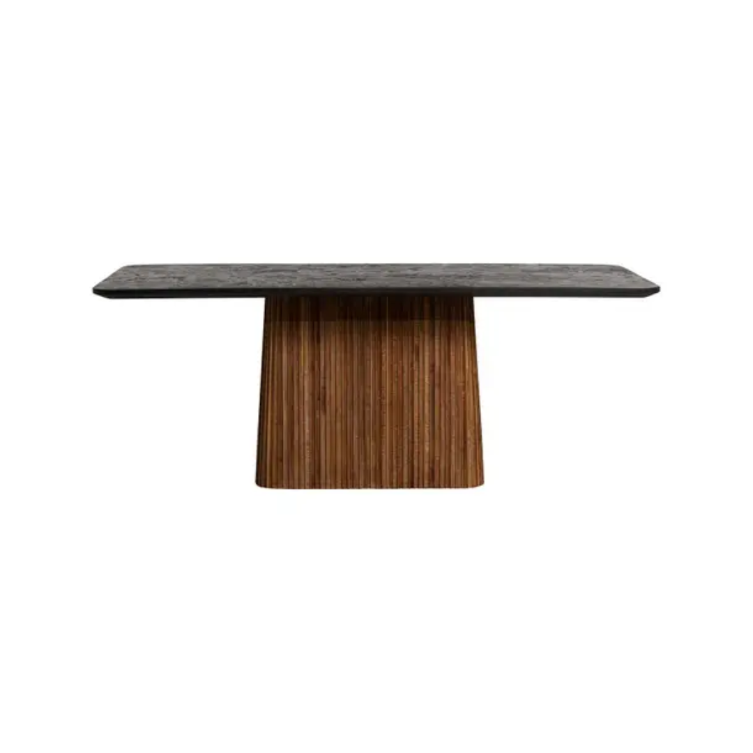 Mid-century-style fluted teak wood pedestal dining table