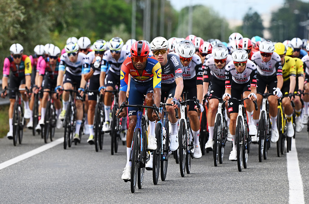 NOVARA, ITALY - AUGUST 23: Amanuel Ghebreigzabhier of Eritrea and Team Lidl - Trek competes during the La Vuelta - 80th Tour of Spain 2025, Stage 1 a 186.7km stage from Torino-Reggia di Venaria to Novara / #UCIWT / on August 23, 2025 in Novara, Italy. (Photo by Dario Belingheri/Getty Images)