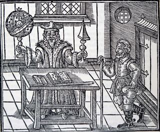 A woodcut showing the astrologer and his client, by John Melton, 1620. 