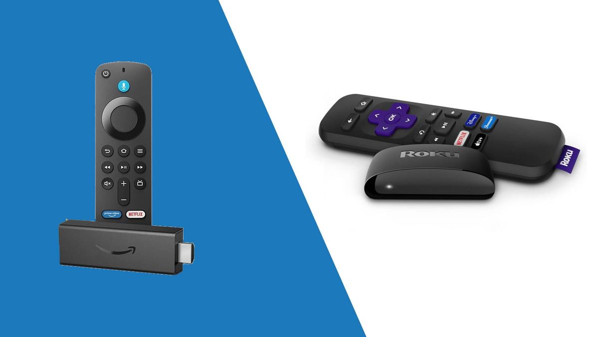 The Amazon Fire TV Stick HD on a blue background beside the Roku Express on a white background.