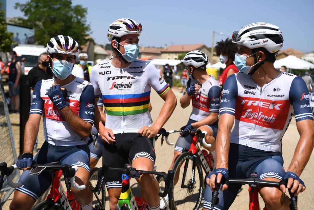 ESPINOSA DE LOS MONTEROS SPAIN JULY 30 Start Juan Pedro Lopez Perez of Spain and Team TrekSegafredo Mads Pedersen of Denmark and Team TrekSegafredo Jasper Stuyven of Belgium and Team TrekSegafredo Sargentes de la Lora Village during the 42nd Vuelta a Burgos 2020 Stage 3 a 150km stage from Sargentes de la Lora to Espinosa de los Monteros Picn Blanco 1486m VueltaBurgos on July 30 2020 in Espinosa de Los Monteros Spain Photo by David RamosGetty Images