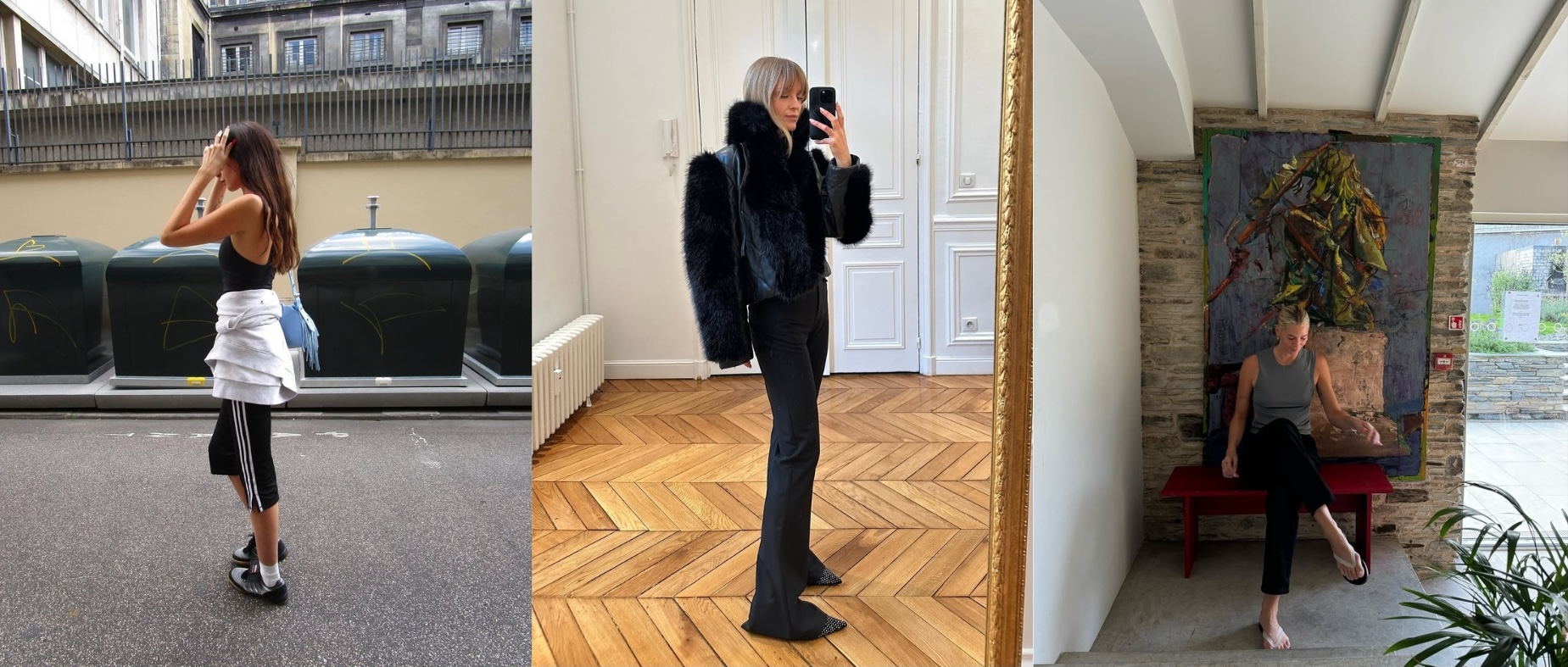 Flat shoes and black leggings.