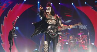 Gene Simmons is in full-on Demon mode as he points at the crowd during KISS's farewell concert at Madison Square Garden in 2023.