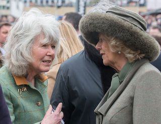 Jilly Cooper meeting Camilla at the Cheltenham race festival.