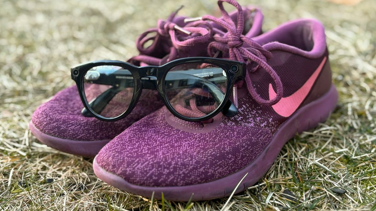 Ray-Ban Meta smart glasses on top of running shoes 