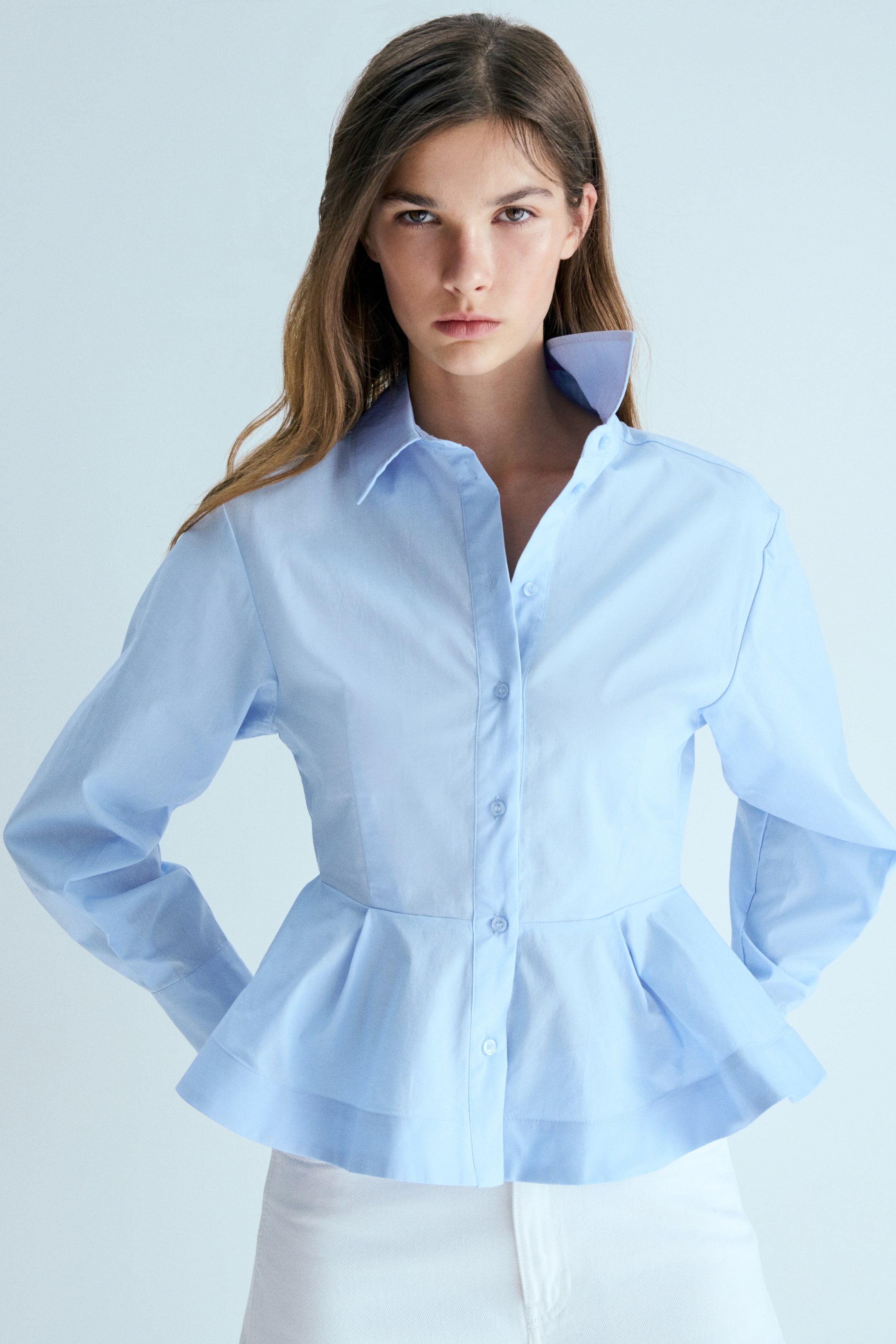 Poplin Peplum Shirt - Light Blue