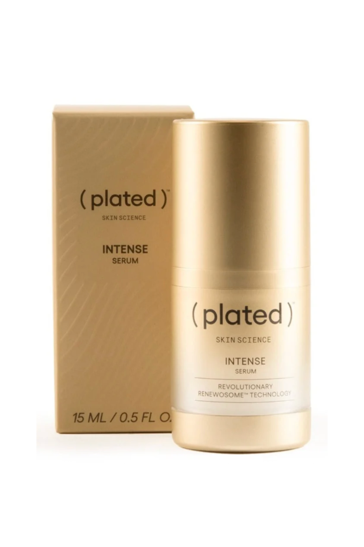 Plated Skin Science gold bottle and box on a white background