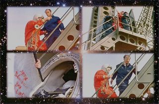 Rare images show Yuri Gagarin preparing to make his historic first manned spaceflight on April 16, 1961. This collage only surfaced in December 2009.
