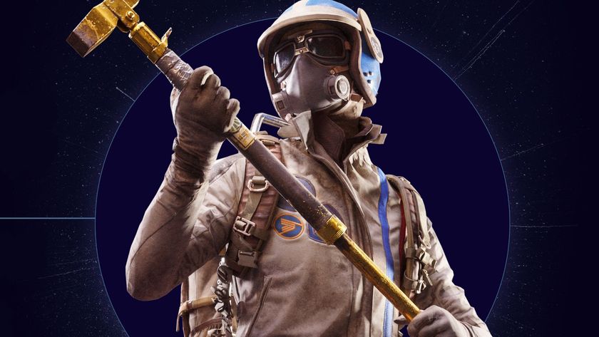 Arc Raiders character holding golden sledgehammer on dark blue starry background