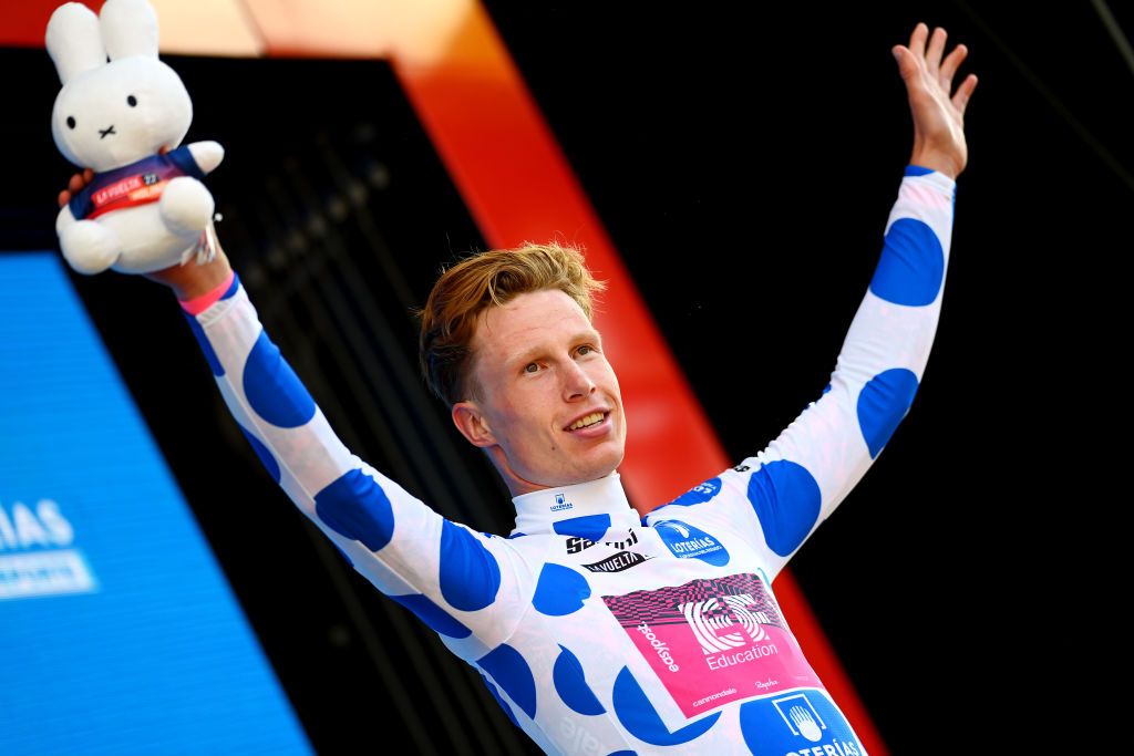 UTRECHT NETHERLANDS AUGUST 20 Julius Van Den Berg of Netherlands and Team EF Education Easypost celebrates winning the Polka dot mountain jersey on the podium ceremony after the 77th Tour of Spain 2022 Stage 2 a 1751km stage from sHertogenbosch to Utrecht LaVuelta22 WorldTour on August 20 2022 in Utrecht Netherlands Photo by Tim de WaeleGetty Images