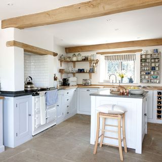 kitchen with white cabinets and wooden worktop