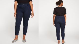 best jeans for curvy women from Universal Standard, skinny legged dark indigo wash