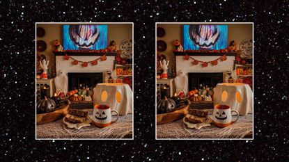 Two pictures of a living room with Halloween decor on a black sparkly background