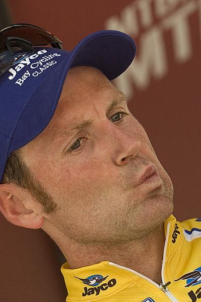Graeme Brown (Urban) ponders a question from commentator David McKenzie at the presentations of stage two in Geelong.