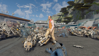 A bald, human Starfield NPC walks across a pile of robot and alien corpses.