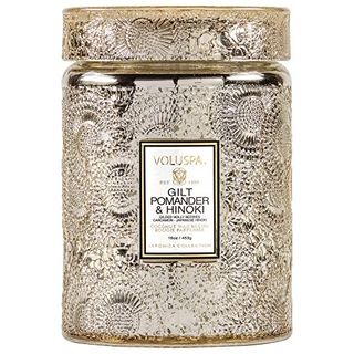 Voluspa Gilt Pomander and Hinoki Candle | 18 Oz | Large Glass Jar with Matching Glass Lid | Holiday Scent | All Natural Wicks and Coconut Wax for Clean Burning