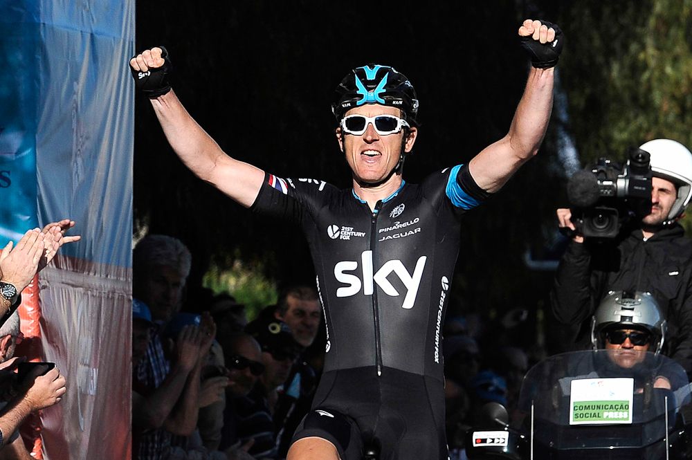 Geraint Thomas (Team Sky) celebrates the stage 2 win.