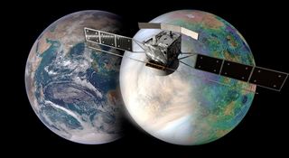 An artist's depiction of Earth, Venus and ESA's EnVision spacecraft.