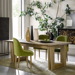 room with olive coloured arabella dinning chairs aspen dinning table and potted plant