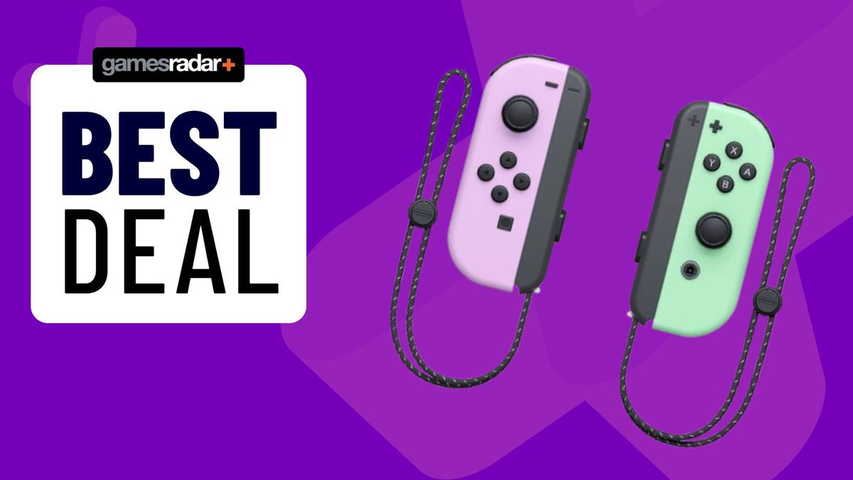 Image of the pastel colored Nintendo Joy-Cons on a purple patterned GamesRadar+ background.