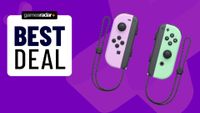 Image of the pastel colored Nintendo Joy-Cons on a purple patterned GamesRadar+ background.