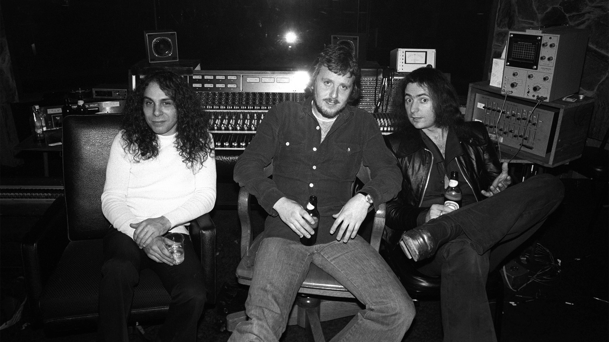 Ronnie James Dio, producer Martin Birch and Ritchie Blackmore in the studio making Rising, 1976.