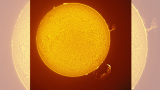 A large solar prominence (bottom right) bursts from the sun while a plasma tornado (top right) rages nearby