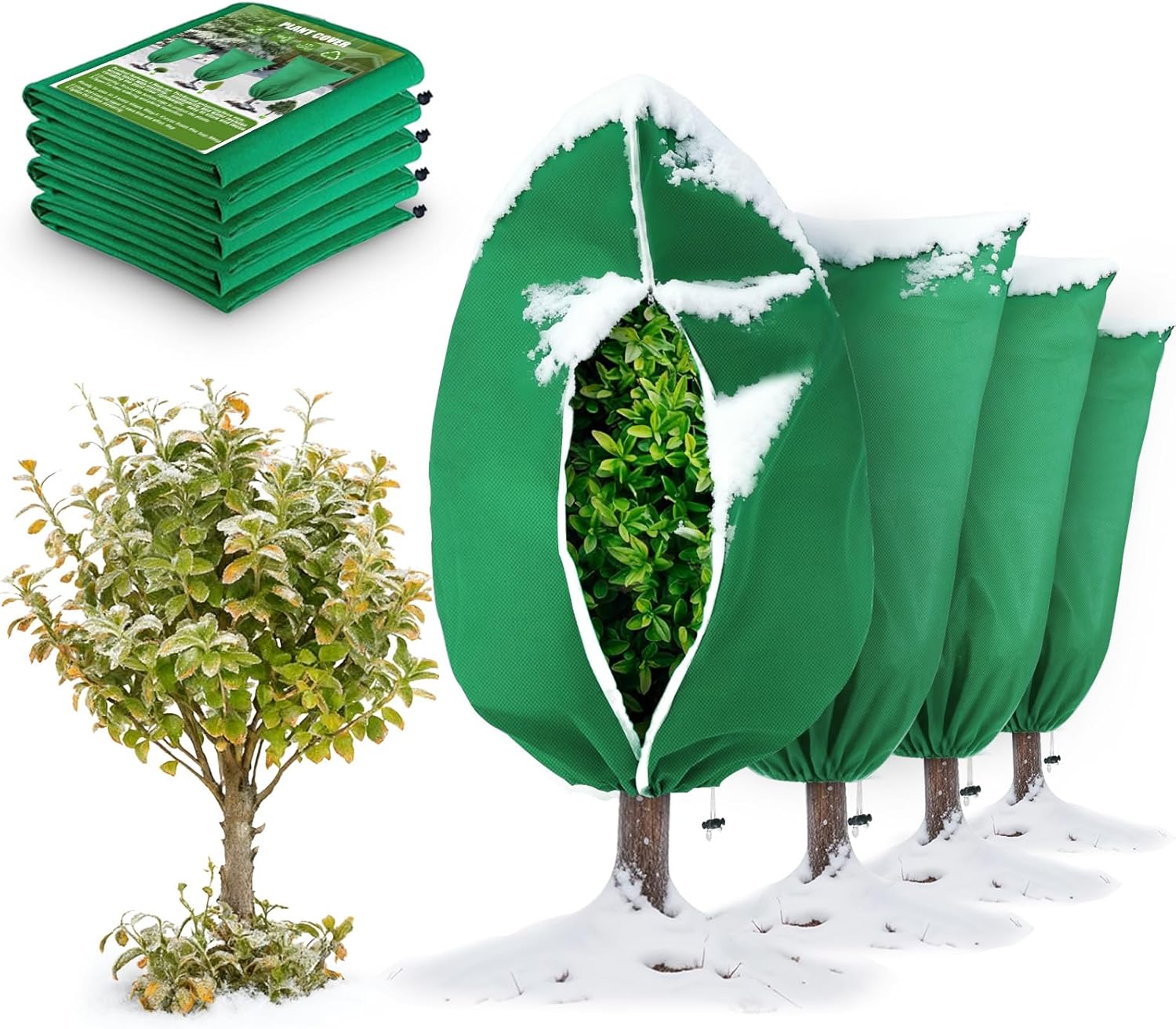 Clebay 6 Pack Plant Frost Protection Covers &amp;ndash; Mixed Sizes 23.6x31.5, 31.5x47.2, 47.2x70.9 &amp;ndash; Reusable Breathable Freeze Blankets With Drawstring for Winter Plant, Tree, Shrub, and Garden Protection