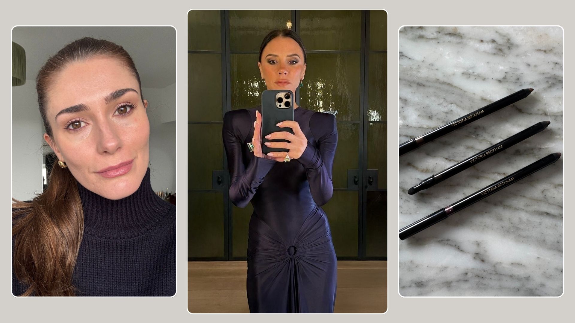 A collage with a photo of Victoria Beckham wearing a purple dress, and a photo of Eleanor wearing eyeliner along with a photo of three eyeliner pencils