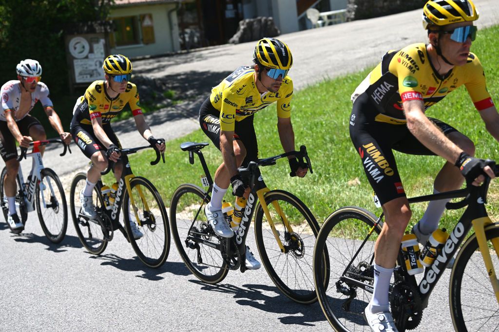 PLATEAU DE SALAISON FRANCE JUNE 12 Primoz Roglic of Slovenia and Team Jumbo Visma Yellow Leader Jersey competes during the 74th Criterium du Dauphine 2022 Stage 8 a 1388km stage from SaintAlbanLeysse to Plateau de Salaison 1495m WorldTour Dauphin on June 12 2022 in Plateau de Salaison France Photo by Dario BelingheriGetty Images