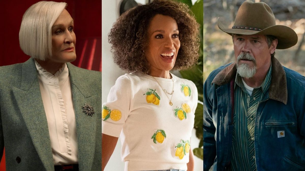 From left to right: Glenn Close looking seirous in Heart of Stone, Kerry Washington smilin in Unprisoned and Josh Brolin looking serious while wearing a cowboy hat in Outer Range.