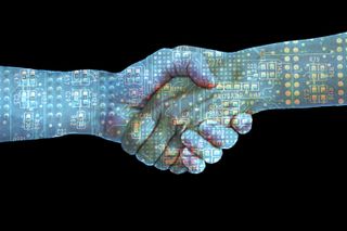 Two hands clasped in a handshake, overlaid with circuit boards