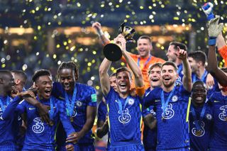 Chelsea players celebrate after winning the FIFA Club World cup in February 2022.