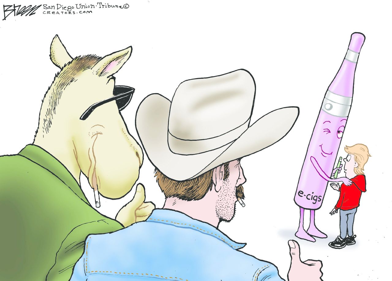 Editorial Cartoon U.S. e-cigarette vaping deaths Juul Joe Camel Marlboro Man