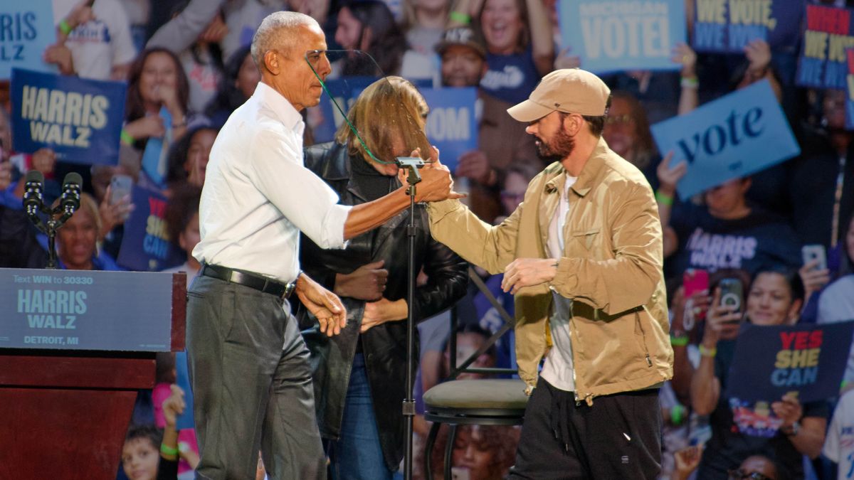 Eminem introduces former president Barack Obama during a rally to supporters of Vice President Kamala Harris 2024 presidential run