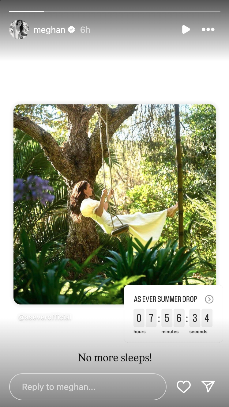 Meghan Markle on a swing in a yellow dress surrounded by plants in a post from her Instagram story