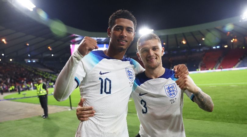 Jude Bellingham and Kieran Trippier pictured after England&#039;s win over Scotland in September 2023.