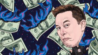 Cartoon of Elon Musk with flaming dollar bills in the background
