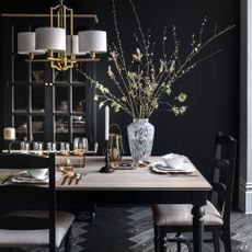 dark dining room with table and cupboard