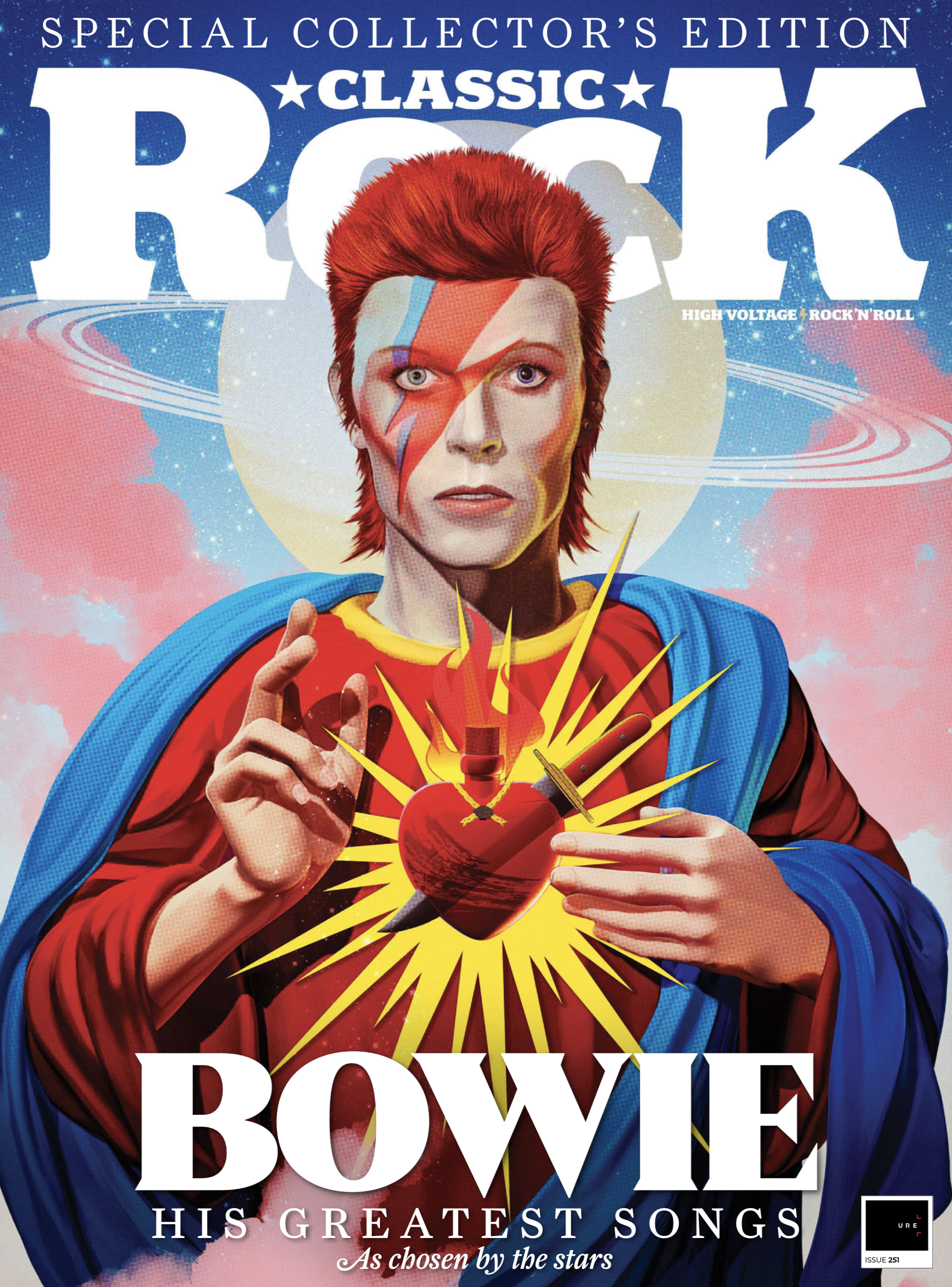 The cover of Classic Rock 251. featuring an illustration of David Bowie. Title: Bowie &amp;ndash;&amp;nbsp;His Greatest Songs as chosen by the stars