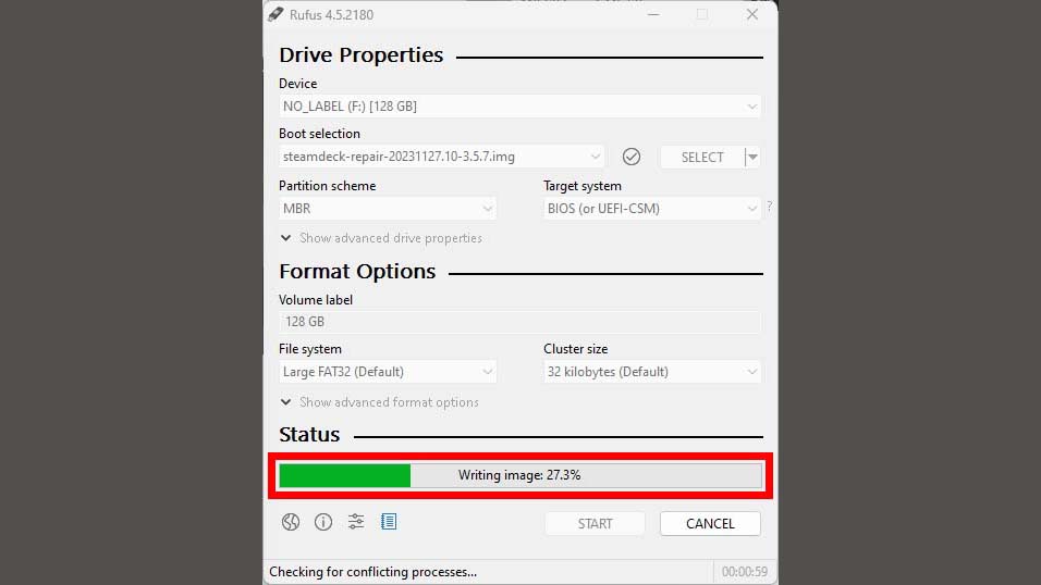 Steam Deck SSD upgrade: Wait for the image to write.