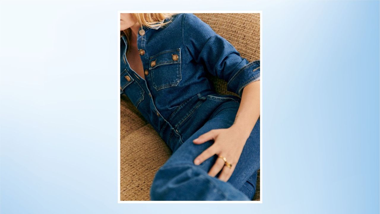 denim jumpsuit trend: model wearing jumpsuit from sezane