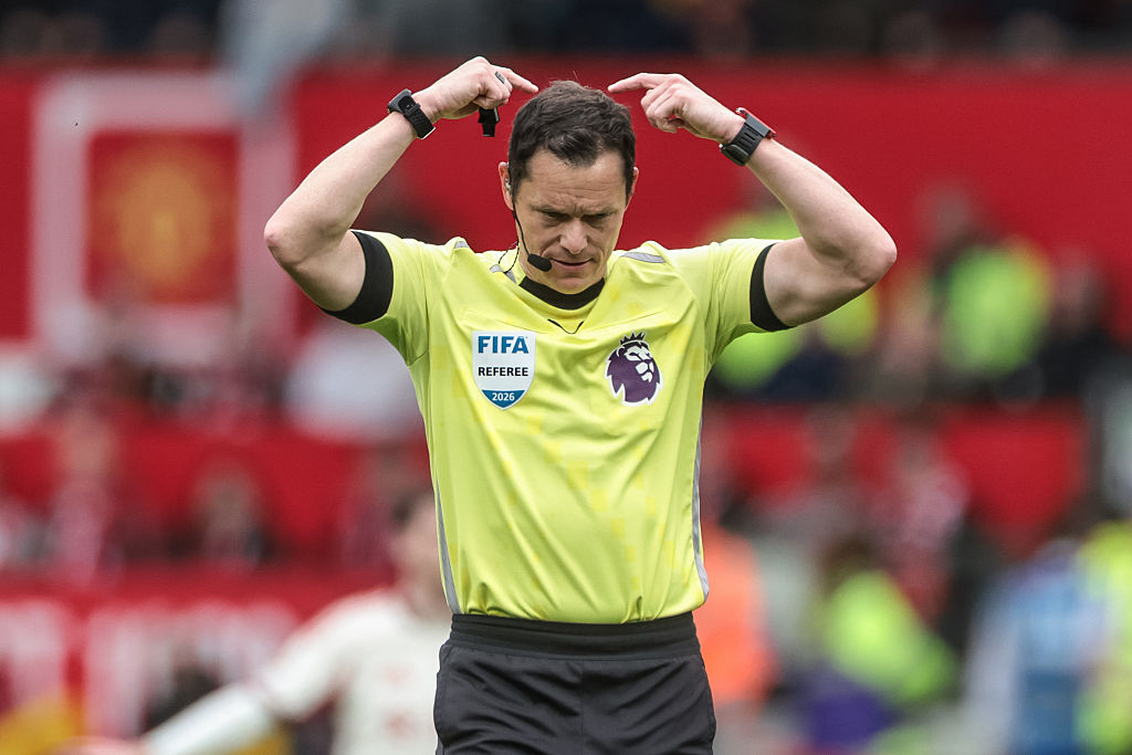 Referee Darren England signals a head injury for Casemiro of Manchester United during the Premier League match between Manchester United and Liverpool at Old Trafford, Manchester, United Kingdom, on May 3, 2026. (Photo by Mark Cosgrove/News Images/NurPhoto via Getty Images)