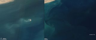A new island formed by a mud volcano emerged offshore of Balochistan, Pakistan on Nov. 26, 2010, and the same spot about a year before it emerged.