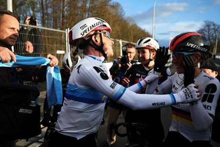 NIVONE, BELGIUM - FEBRUARY 28: (L-R) Race winner Demi Vollering of Netherlands and Franziska Koch of Germany and Team FDJ United - SUEZ react after the 21st Omloop Het Nieuwsblad 2026, Women's Elite a 137.2km one day race from Ghent to Ninove / #UCIWWT / on February 28, 2026 in Ninove, Belgium. (Photo by Luc Claessen/Getty Images)