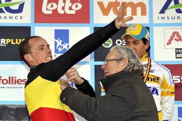 Sven Nys dons his seventh Belgian championship jersey.