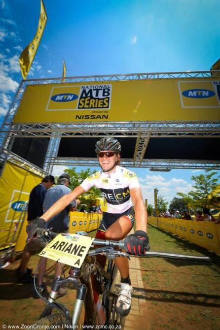 Ariane Kleinhans of Team RE:CM shows her delight at winning the the 2013 MTN Ride Crater Cruise